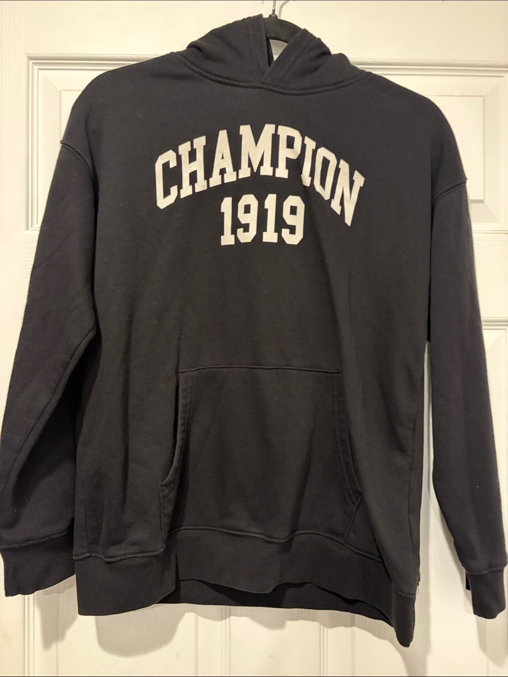 Champion Black Crewneck Hoodie with White 'CHAMPION 1919' Chest Print